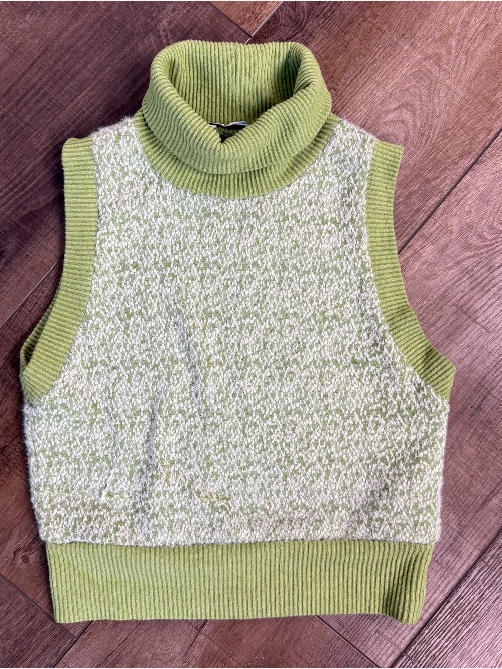 Zara Sage Green White Textured Jacquard Knit Turtleneck Sweater Vest S